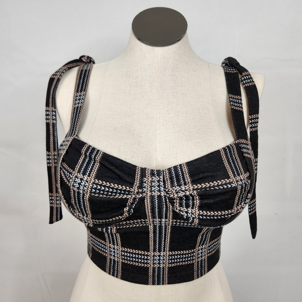 3/$25 Rabbit Rose Plaid Bustier Crop Top Tie Shoulder Corset Y2K M
